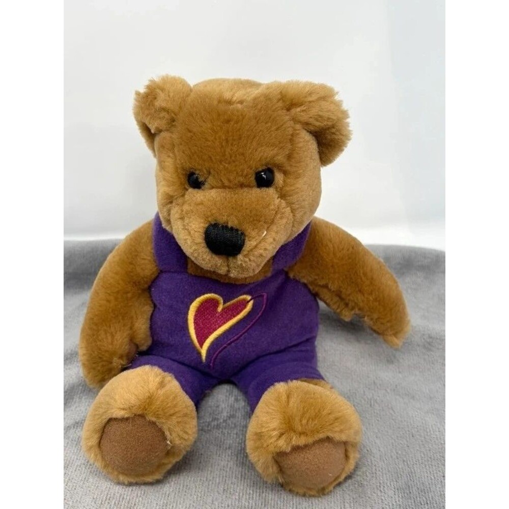 Vintage Hallmark Love & Kiss Bears Stuffed Teddy Bear Purple Overalls Heart 9”